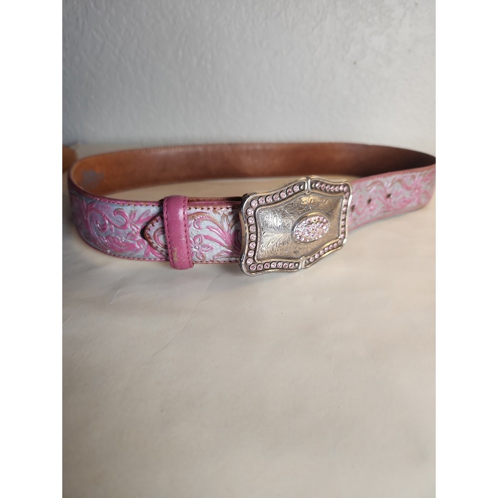 Justin Boots Women's Western Cowgirl Pink Leather Belt With Gem Buckle Size 32